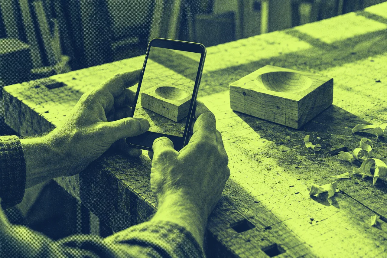 Hände fotografieren ein Werkstück mit dem Smartphone als Motiv für Content-Produktion